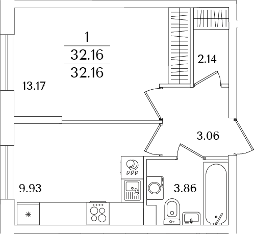Планировка — Кинопарк, 1-комн., 32 м²