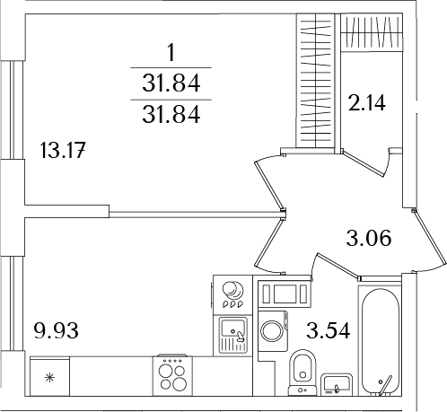 Планировка — Кинопарк, 1-комн., 32 м²