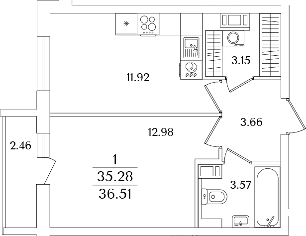 Планировка — Кинопарк, 1-комн., 35 м²