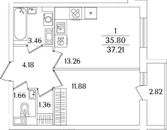 Планировка — Кинопарк, 2-комн., 36 м²