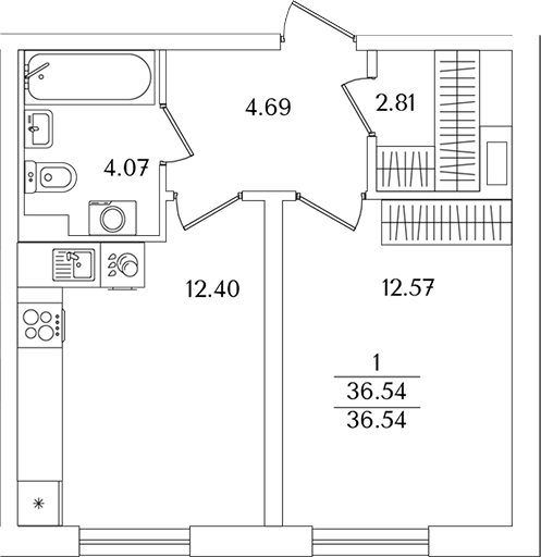 Планировка — Кинопарк, 1-комн., 37 м²