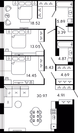 Планировка — 17/33, 4-комн., 109 м²