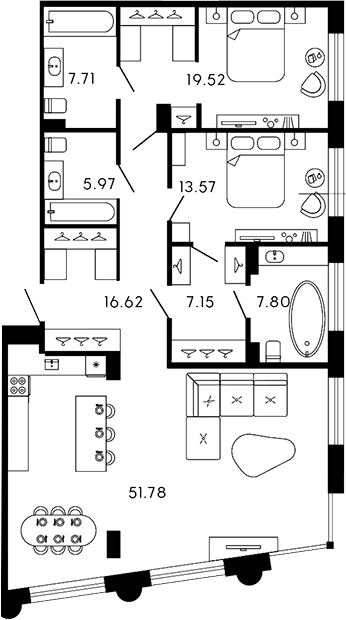 Планировка — 17/33, 3-комн., 130 м²