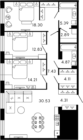 Планировка — 17/33, 4-комн., 105 м²