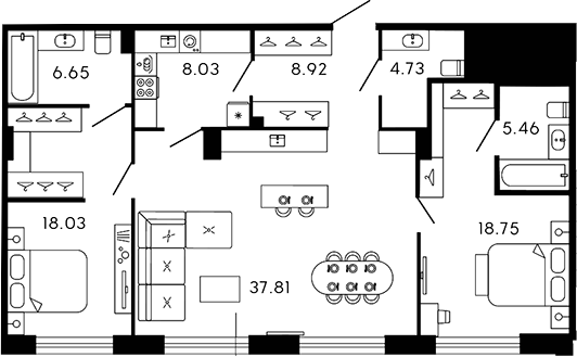 Планировка — 17/33, 3-комн., 108 м²