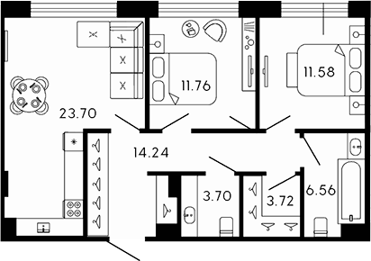 Планировка — 17/33, 3-комн., 75 м²
