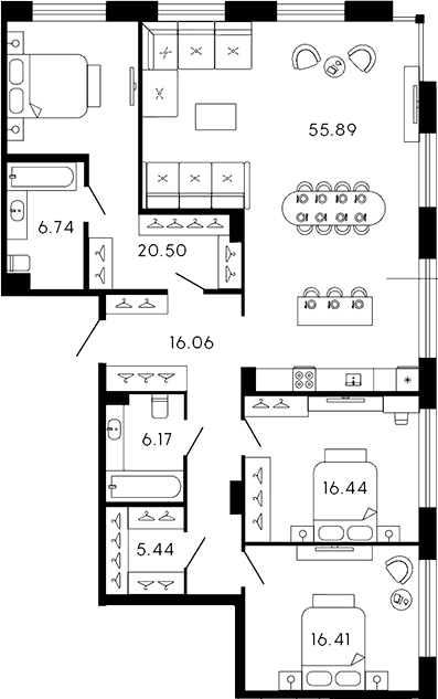 Планировка — 17/33, 4-комн., 144 м²