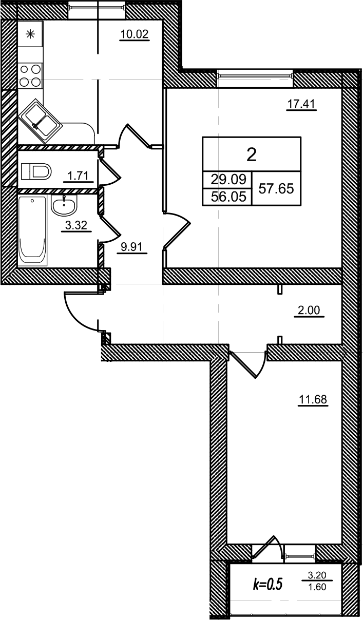 Планировка — Уютный. Коммунар, 2-комн., 56 м²