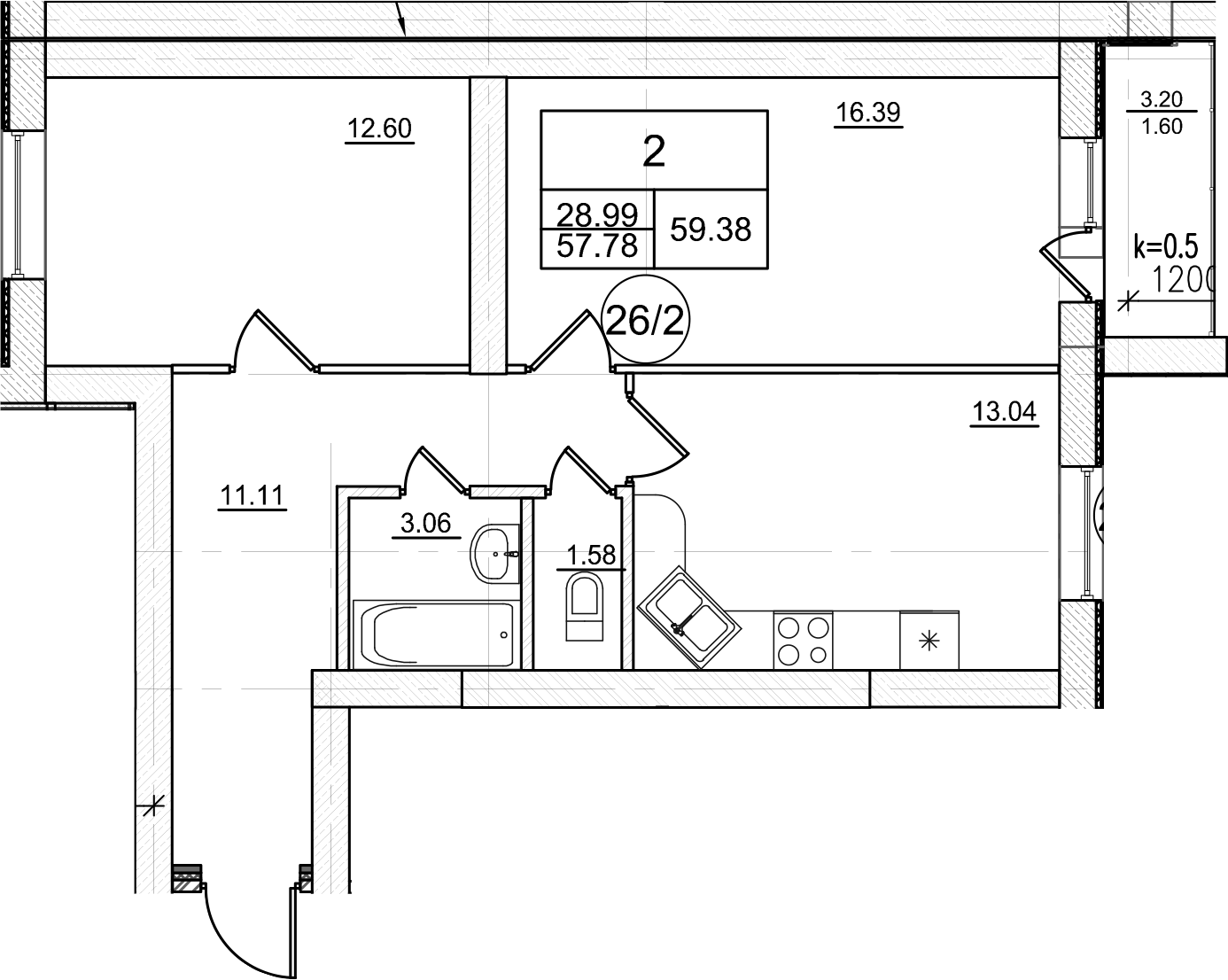 Планировка — Уютный. Коммунар, 2-комн., 58 м²
