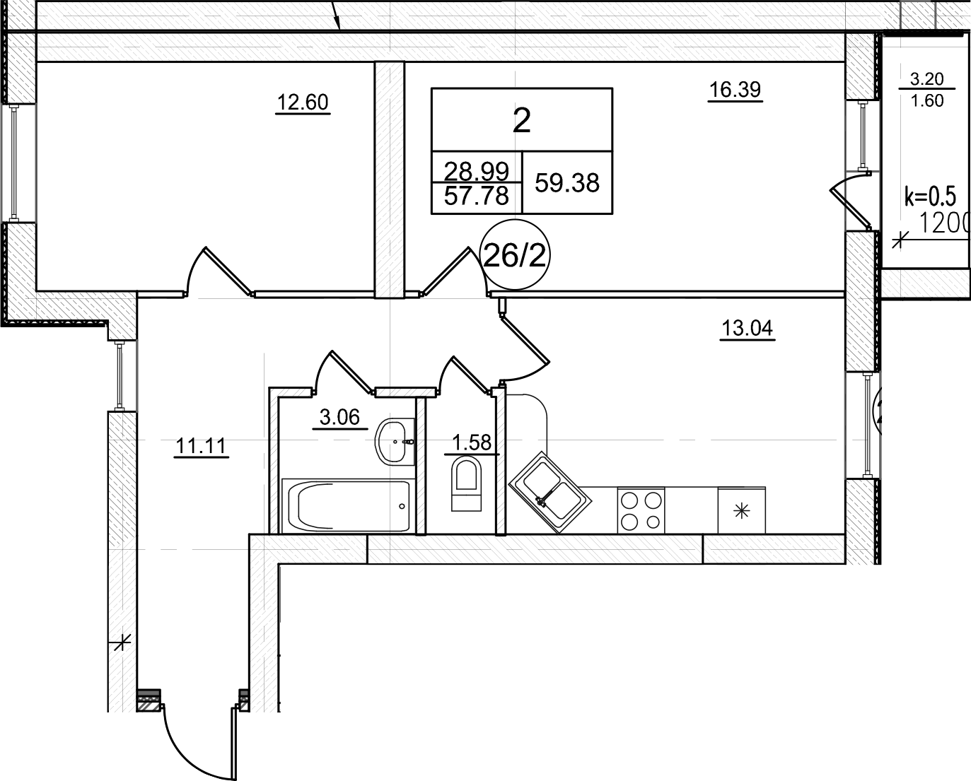 Планировка — Уютный. Коммунар, 2-комн., 58 м²