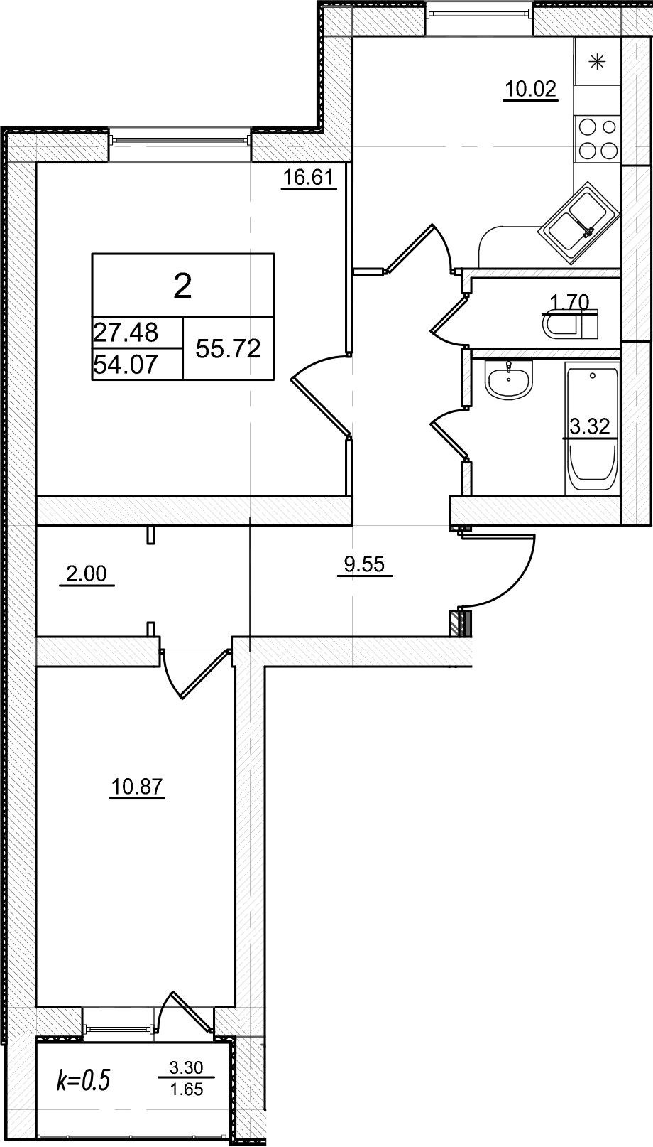 Планировка — Уютный. Коммунар, 2-комн., 54 м²
