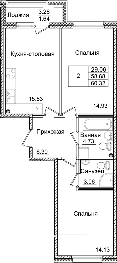 Планировка — Квартал Заречье, 2-комн., 59 м²