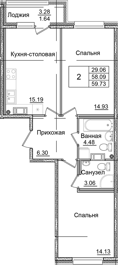 Планировка — Квартал Заречье, 2-комн., 58 м²