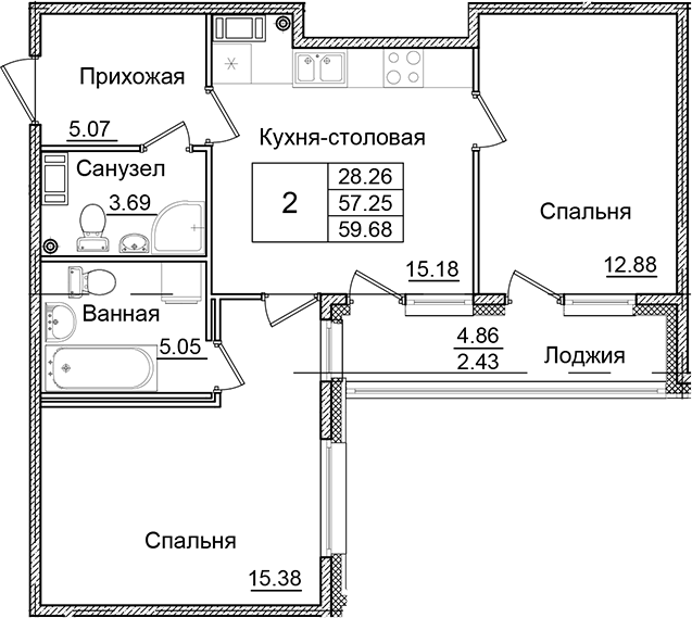 Планировка — Квартал Заречье, 2-комн., 57 м²