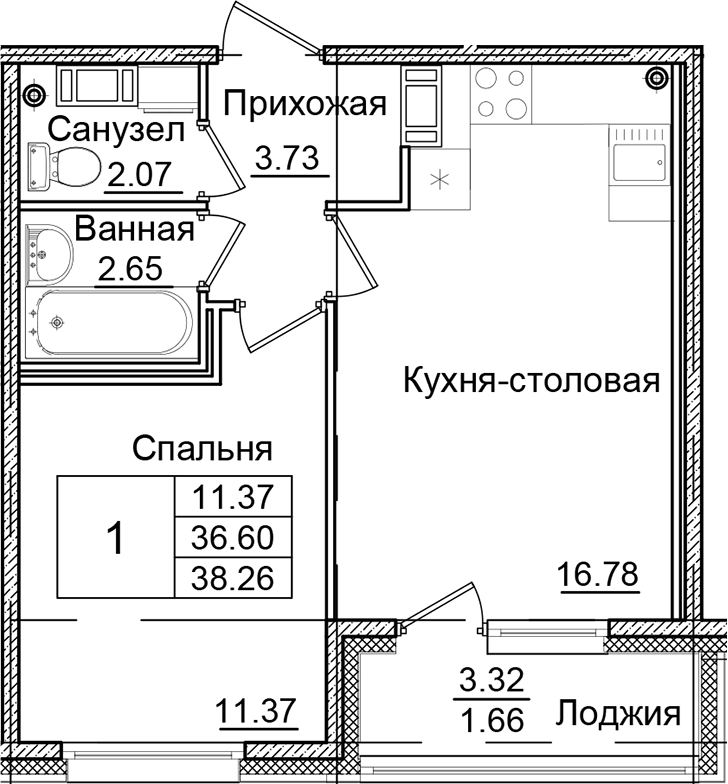 Планировка — Квартал Заречье, 1-комн., 37 м²