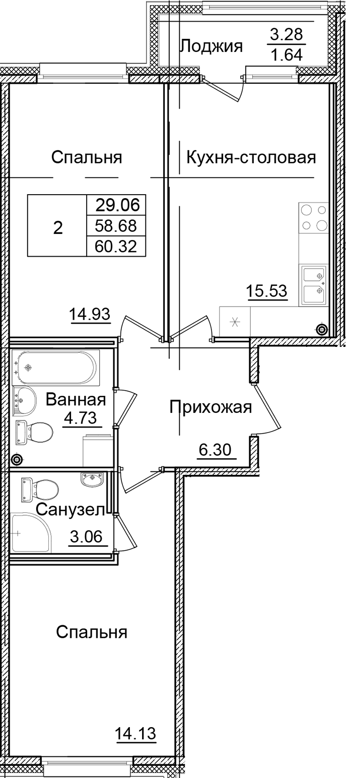 Планировка — Квартал Заречье, 2-комн., 59 м²