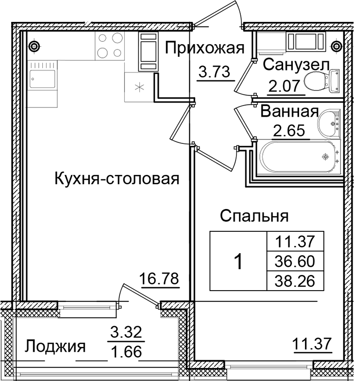 Планировка — Квартал Заречье, 1-комн., 37 м²