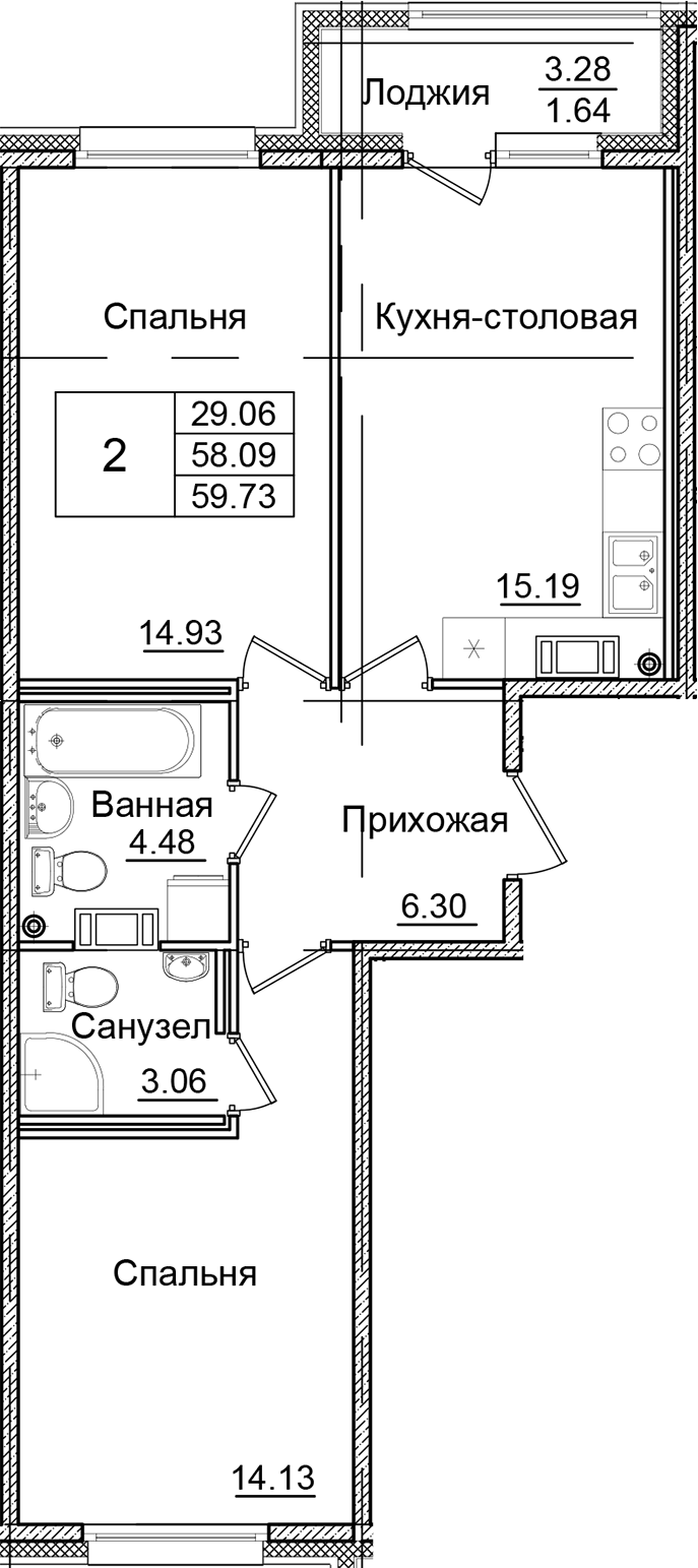 Планировка — Квартал Заречье, 2-комн., 58 м²
