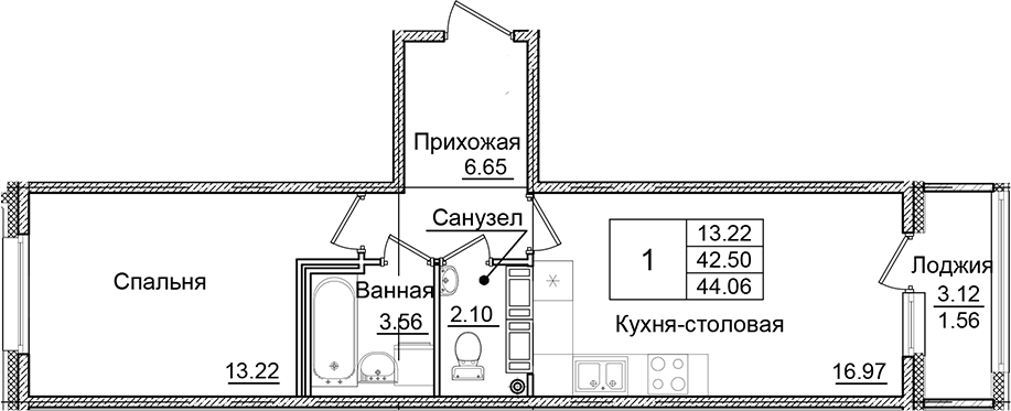 Планировка — Квартал Заречье, 1-комн., 43 м²
