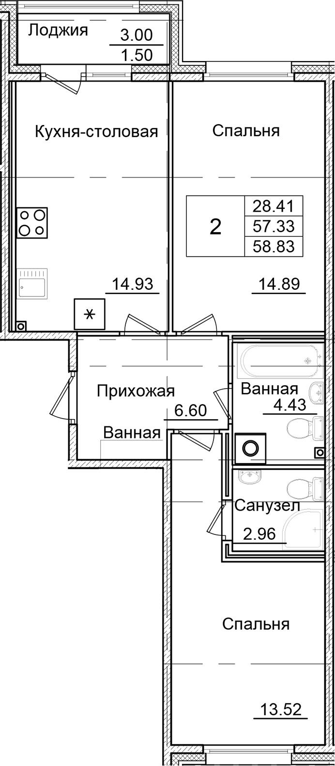 Планировка — Квартал Заречье, 2-комн., 57 м²