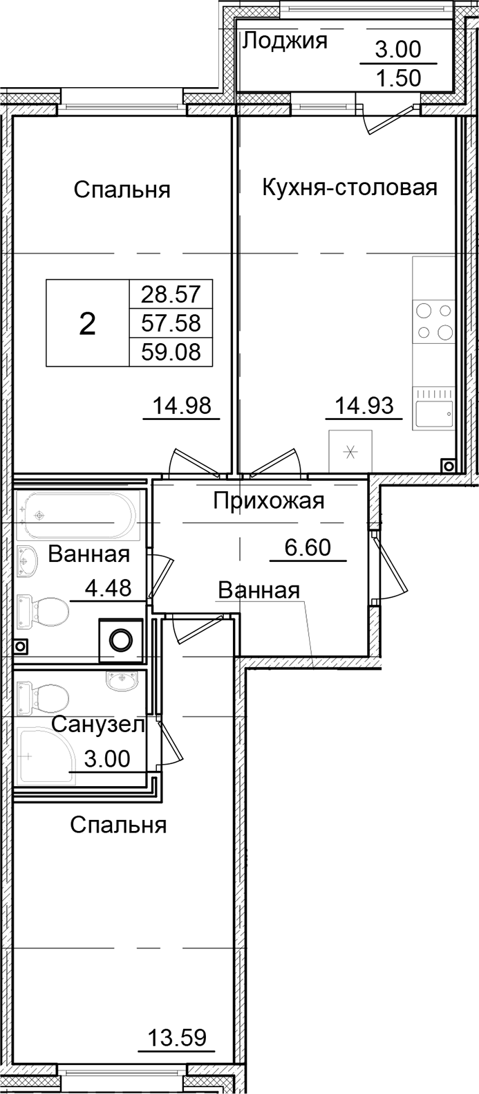 Планировка — Квартал Заречье, 2-комн., 58 м²