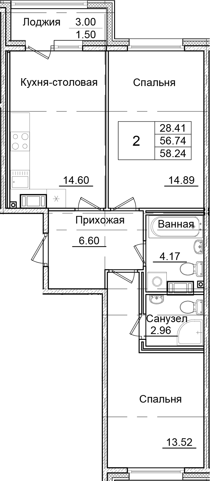 Планировка — Квартал Заречье, 2-комн., 57 м²