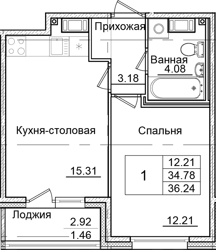 Планировка — Квартал Заречье, 1-комн., 35 м²