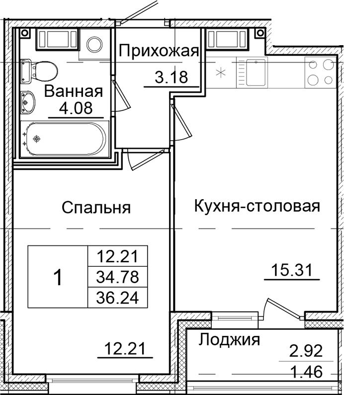 Планировка — Квартал Заречье, 1-комн., 35 м²