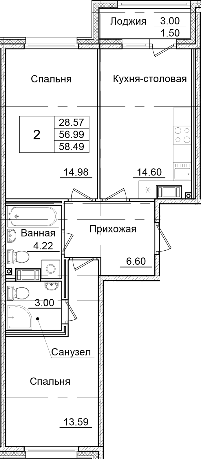 Планировка — Квартал Заречье, 2-комн., 57 м²