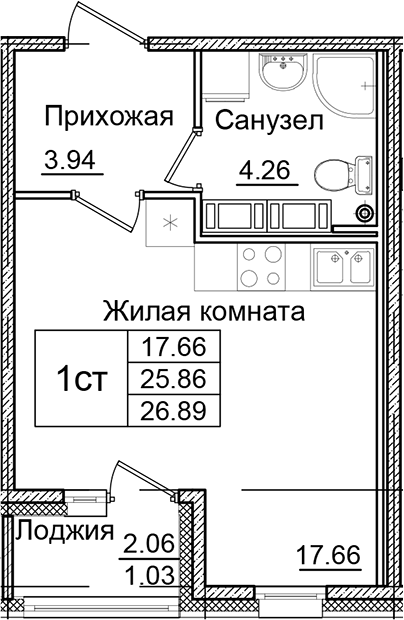 Планировка — Квартал Заречье, Студия, 26 м²