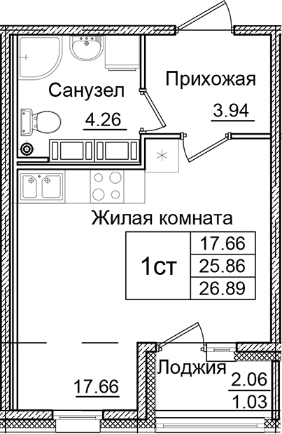 Планировка — Квартал Заречье, Студия, 26 м²