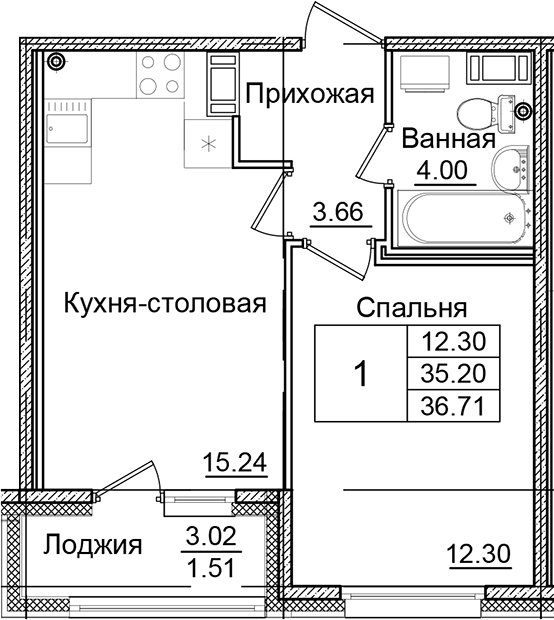 Планировка — Квартал Заречье, 1-комн., 35 м²