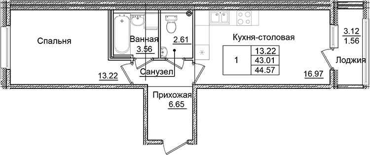 Планировка — Квартал Заречье, 1-комн., 43 м²
