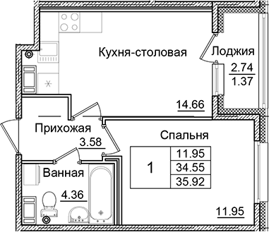 Планировка — Квартал Заречье, 1-комн., 35 м²