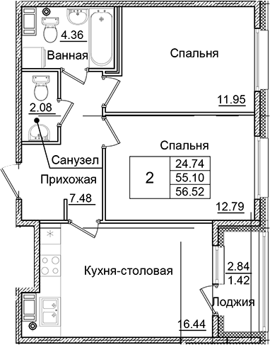 Планировка — Квартал Заречье, 2-комн., 55 м²