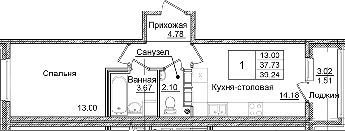 Планировка — Квартал Заречье, 1-комн., 38 м²