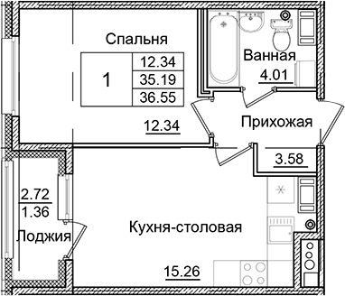Планировка — Квартал Заречье, 1-комн., 35 м²