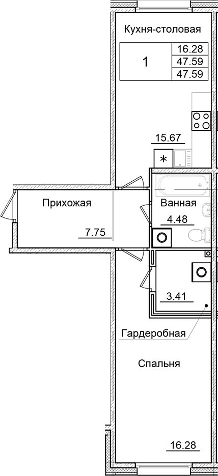 Планировка — Квартал Заречье, 1-комн., 48 м²