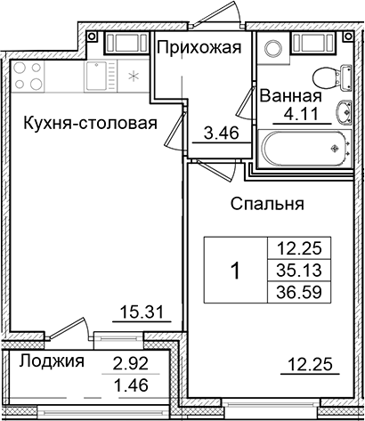 Планировка — Квартал Заречье, 1-комн., 35 м²