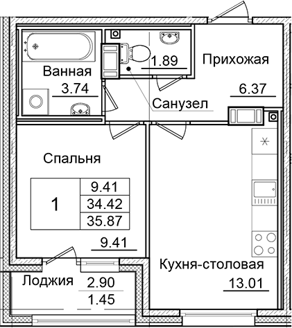 Планировка — Квартал Заречье, 1-комн., 34 м²
