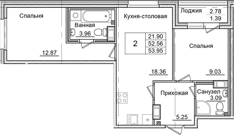 Планировка — Квартал Заречье, 2-комн., 53 м²
