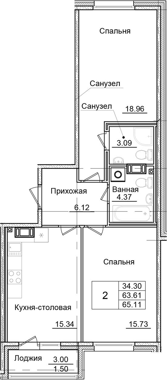 Планировка — Квартал Заречье, 2-комн., 64 м²