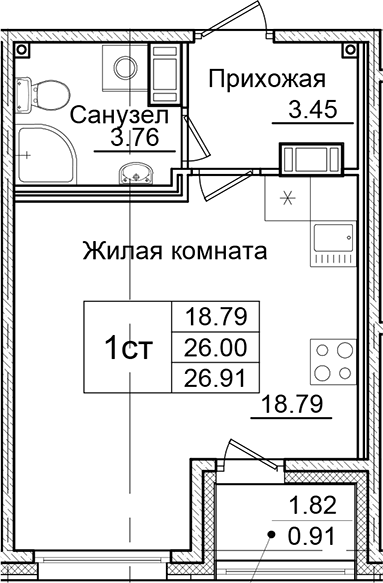 Планировка — Квартал Заречье, Студия, 26 м²