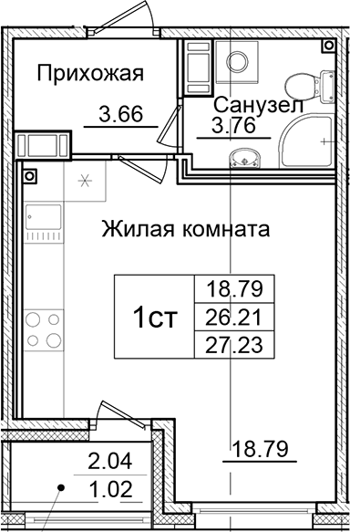 Планировка — Квартал Заречье, Студия, 26 м²