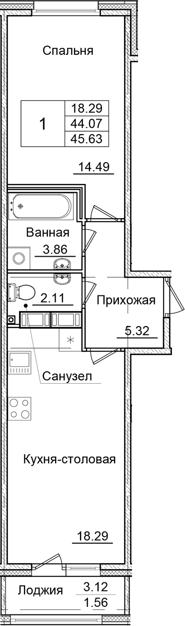 Планировка — Квартал Заречье, 1-комн., 44 м²