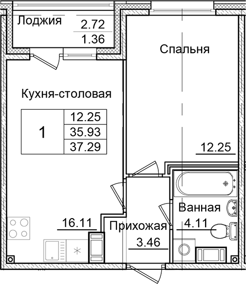 Планировка — Квартал Заречье, 1-комн., 36 м²
