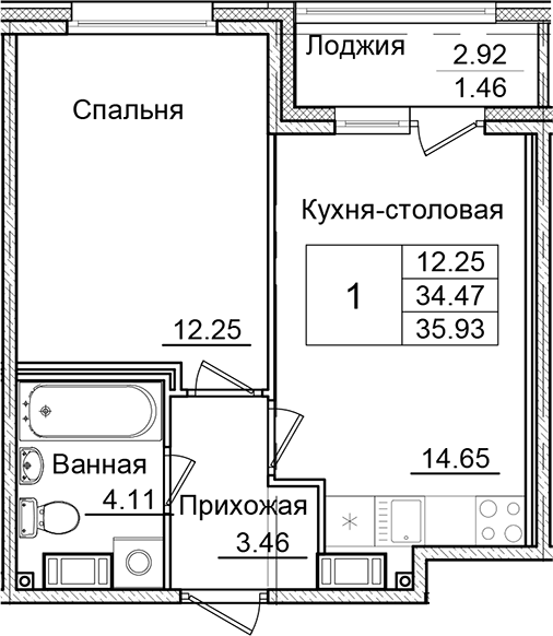 Планировка — Квартал Заречье, 1-комн., 34 м²