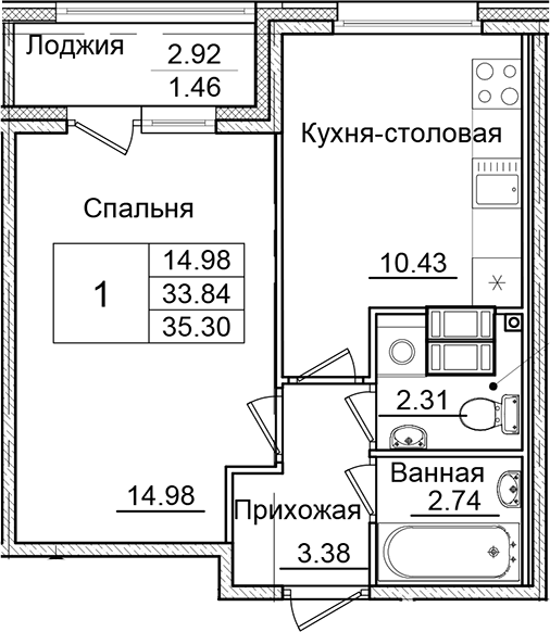 Планировка — Квартал Заречье, 1-комн., 34 м²