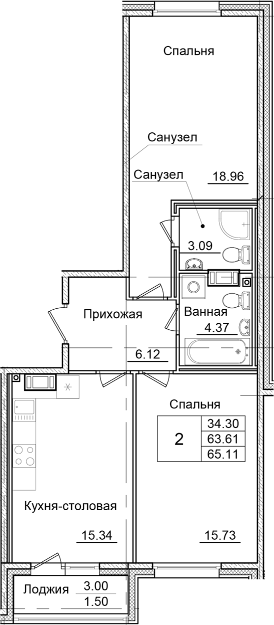 Планировка — Квартал Заречье, 2-комн., 64 м²