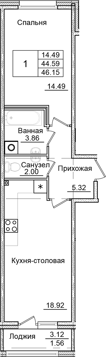 Планировка — Квартал Заречье, 1-комн., 45 м²